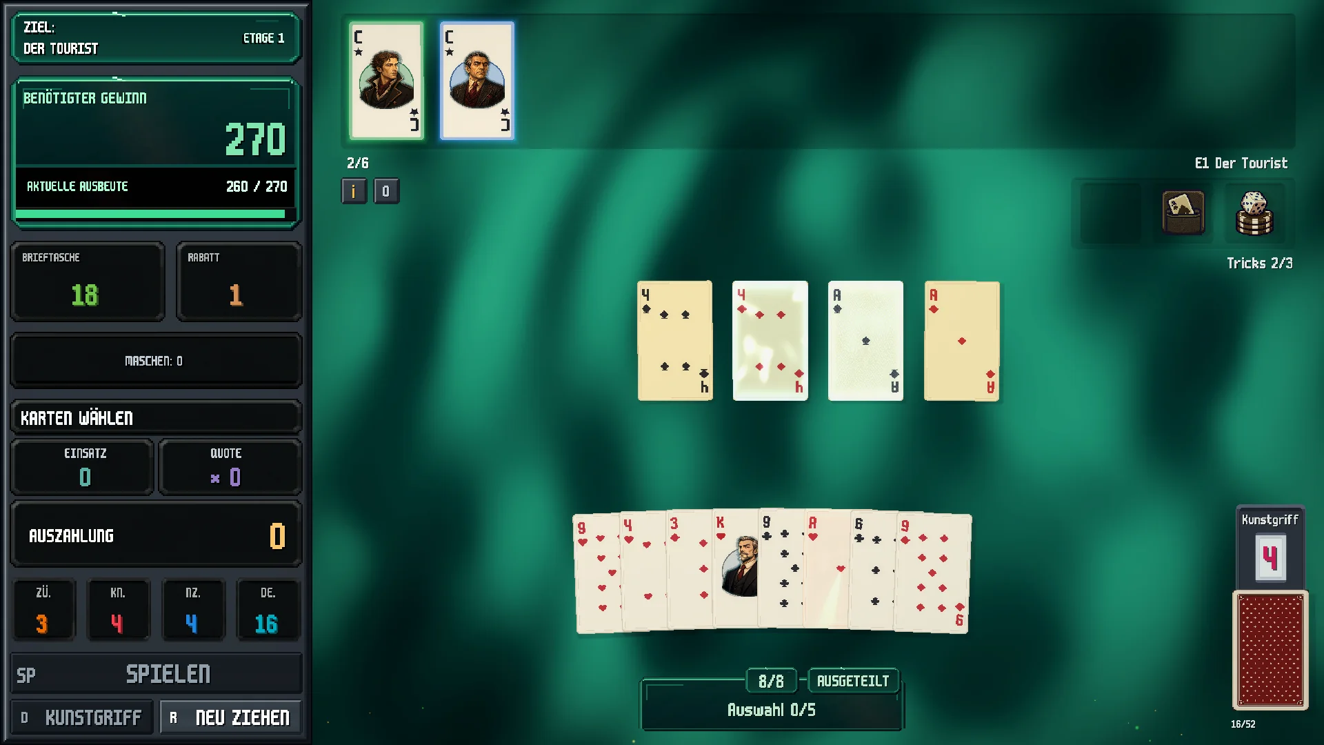 Zehn klassische Hände zählen Einsatz × Chancen. Treib die Beute übers Ziel, bevor dir die Plays ausgehen.