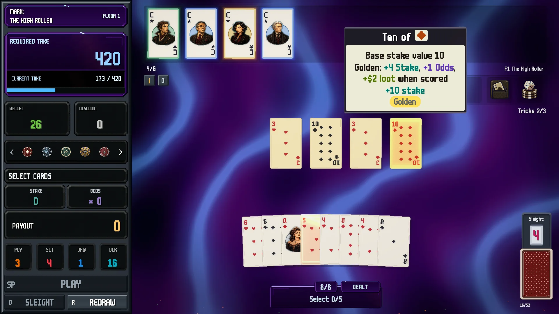100 specialists stack bonuses on every hand. Six starting slots, hard choices, sharper cons.
