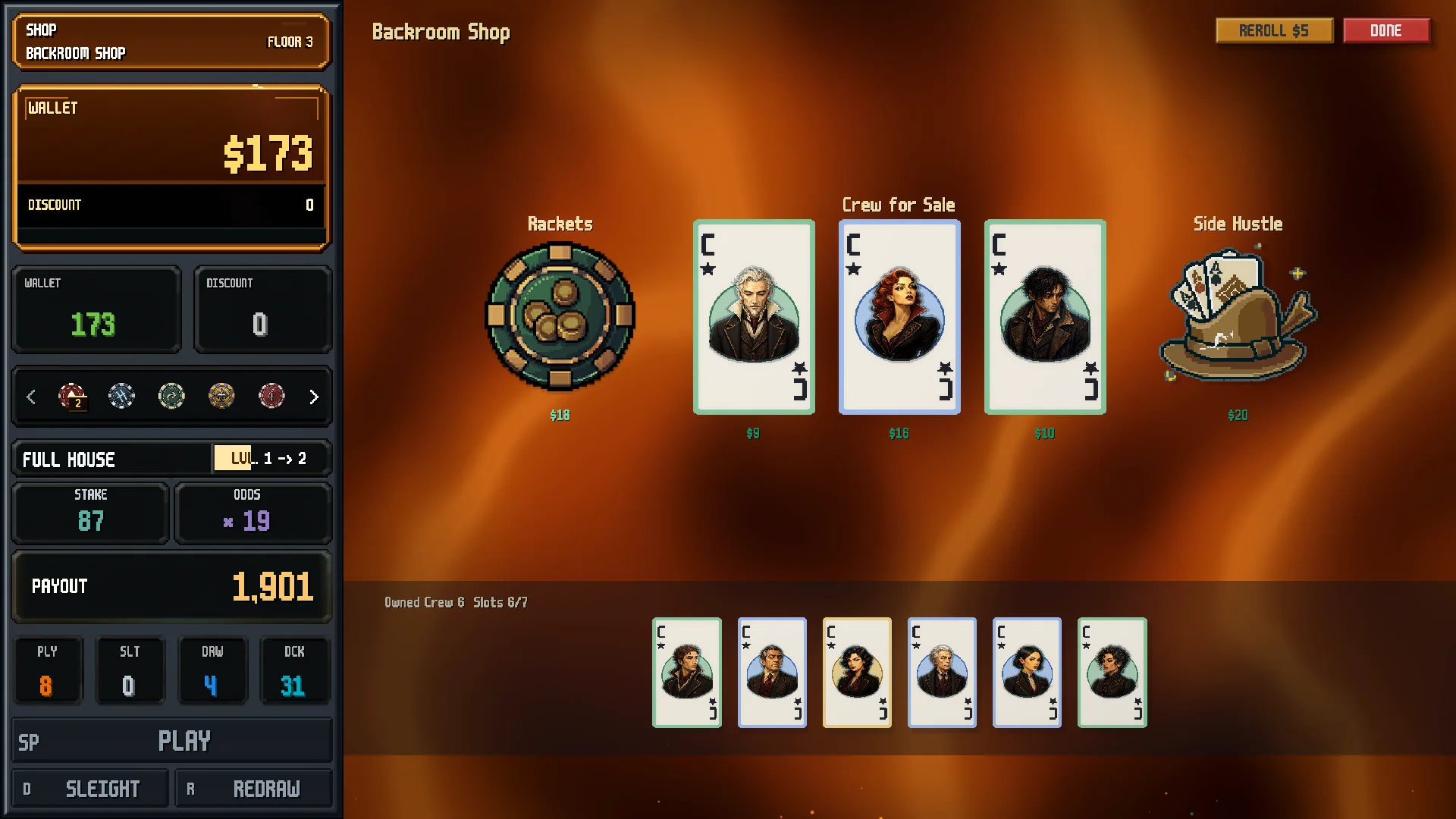 Cash in between Marks. Recruit Crew, buy Tricks, and add Rackets that power the rest of the run.