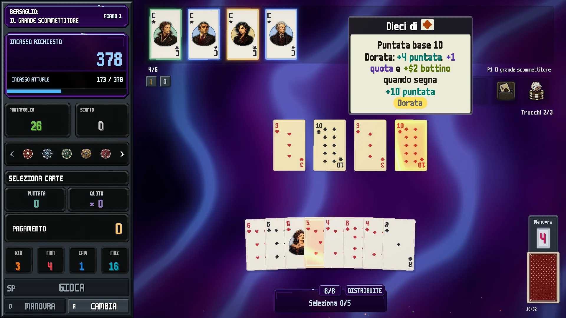 100 specialisti accumulano bonus su ogni mano. Sei slot, scelte dure, raggiri più affilati.