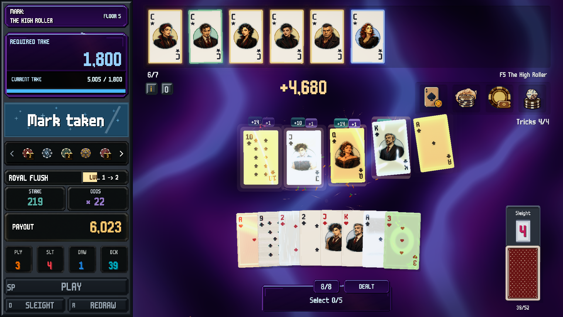 Podgląd pokerowego wyniku Rogue's Flush z premiami ręki